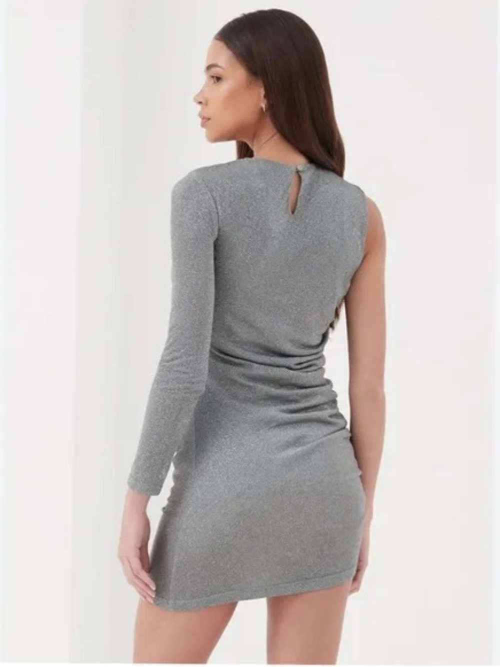 Asymmetric One-Sleeve Sparkle Mini Dress — Gray